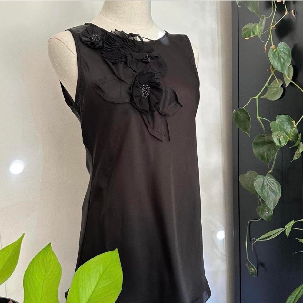 Kenar Womens Medium Black Bias Cut Blouse 3D Flower Detail Longline Top